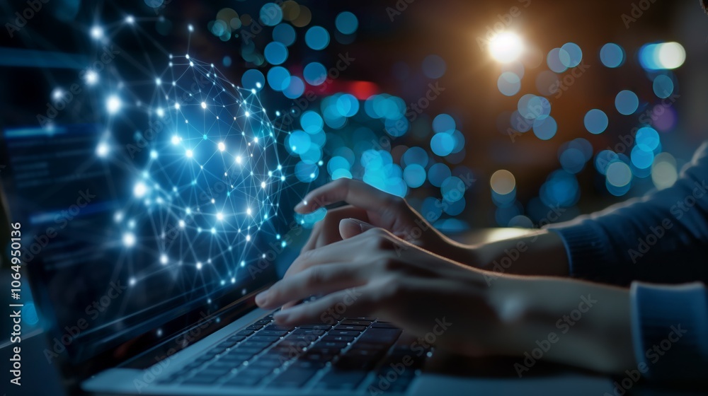 Poster An image portrays hands typing on a laptop with a network of digital connections and bokeh lights, symbolizing technology, data communication, and networking in a contemporary setting