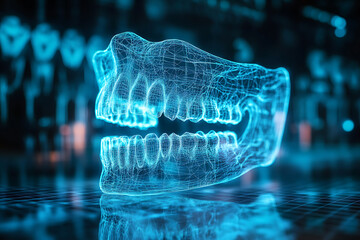 A glowing hologram of the entire dental implant, showcasing detailed anatomical structures with a futuristic, digital appearance.