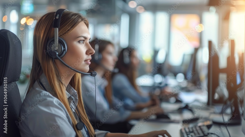 Poster dedicated female customer service representative wearing a headset, working diligently at her comput