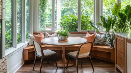 A cozy mid-century breakfast nook featuring a round wooden table