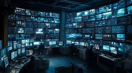 Control room filled with monitors displaying data and surveillance footage.
