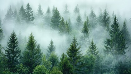 Fototapeta premium Mist-Shrouded Evergreen Forest with Tall Pine Trees
