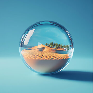 oase with lake and palm tree in the middle of desert inside glass ball