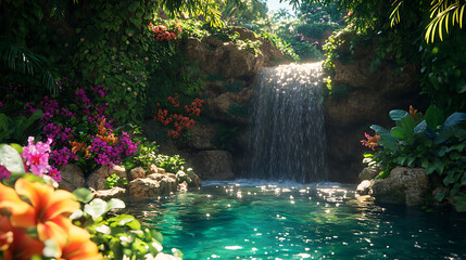Lush waterfall cascading into a serene pool surrounded by vibrant flowers.