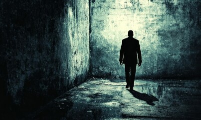 Obraz premium Man walks in dark, gritty corridor.
