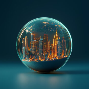 a glass ball with a city night inside. blue background