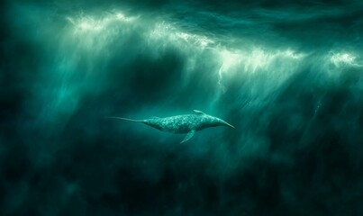 Fototapeta premium A whale swimming beneath a wave in the ocean.