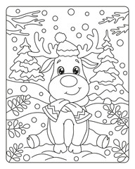 Cute little deer. Christmas vector black and white illustration. Coloring book for children.