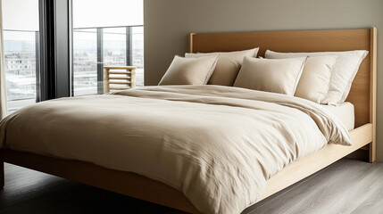 Modern bedroom featuring a neatly made bed with beige bedding, four pillows, and a wooden headboard. Large windows showcasing an urban view enhance natural lighting.