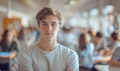 Obraz premium young man in a university high school with blurred group of students studying in the classroom, education and learning concept