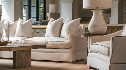 Stylish living room featuring a cream-colored sofa with plush pillows, a rustic wooden coffee table, and a modern white lamp, creating a cozy and elegant ambiance.