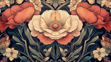 Close-up view of intricate floral wallpaper design inspired by Mucha, highlighting detailed patterns and textures, ideal for backgrounds with ample copy space.