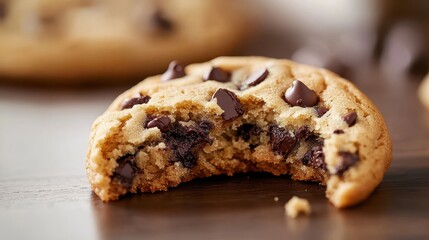 Freshly baked chocolate chip cookies lay on a rustic wooden table. Their golden-brown edges and melting chocolate chips invite a delightful taste, perfect for a homey snack.