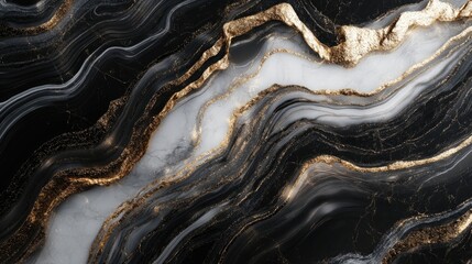 Obraz premium Elegant marble texture highlighting a stunning wave pattern. This horizontal background combines black, grey, and white marble with a polished, artificial veneer, offering ample photo space.