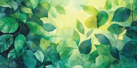 A lively watercolor illustration featuring a backdrop of lush green leaves, creating an abstract ecological atmosphere filled with vibrant natural beauty.