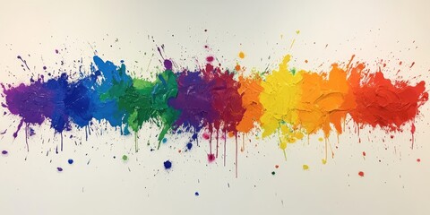 Obraz premium A vibrant burst of rainbow hued paint splatters across a pristine white wall, creating a lively and colorful display on the surface.