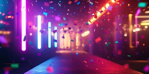 Casino themed background featuring vibrant neon lights and festive confetti, creating a party atmosphere for a gambling event, with space available for additional text.