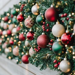 A festive arrangement of green garlands adorned with colorful ornaments, including red, green, and gold, surrounded by warm lights.