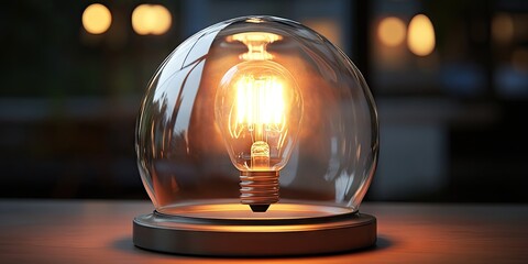 A glass dome serves as a protective cover for a glowing light bulb, ensuring it remains safe and securely illuminated. The dome encases the bulb for added protection.