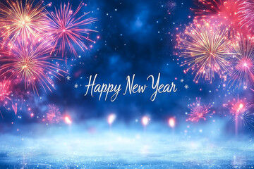 An elegant New Year card with "Happy New Year" written in English, illuminated by fireworks in the background to create a festive atmosphere.