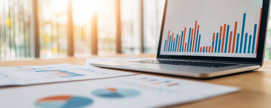 A laptop displaying colorful graphs and charts sits atop a wooden desk, with printed data sheets nearby, illuminated by soft sunlight from a window.