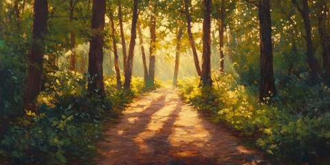 Obraz premium A woodland trail, illuminated by the warm glow of golden hour, showcases tree shadows that dance across the path. This enchanting forest scene captivates the senses.