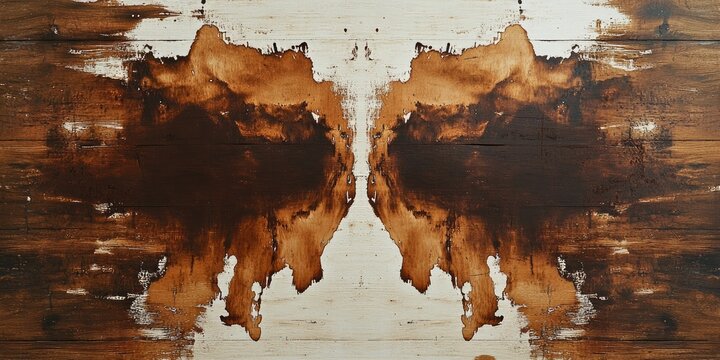 Rorschach Test, epidermal nevi on the skin, dermatological examination of skin conditions against a wooden backdrop a close up detail with space for text.