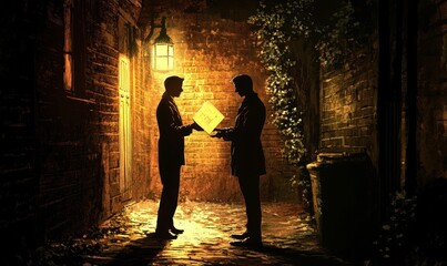 Fototapeta premium Two men exchange an object in a dark alley.