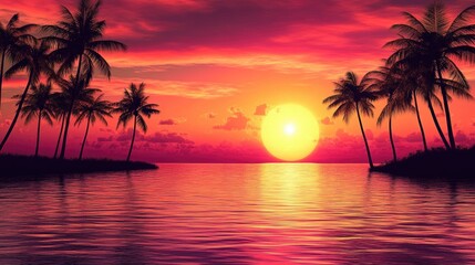 A stunning hawaiian sunset illuminates the ocean, with palm trees creating a picturesque silhouette against the vibrant sky. Perfect for capturing the essence of a hawaiian sunset and its tranquility.