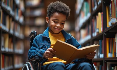 Happy young disabled mixed race school student in wheelchair reading a library book.