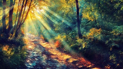 Obraz premium Uplifting and inspiring sights of nature illuminated by sun rays create a magnificent, colorful journey through a sunlit landscape. Discover the vivid segmentation realm and explore natures beauty.