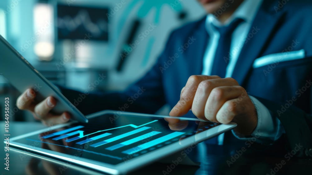 Leinwandbilder Closeup of a business professional in a suit analyzing data on a digital tablet in a modern office. Screen shows graphs and charts, emphasizing business analytics and performance tracking
