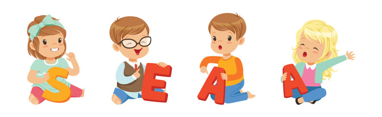 Preschool Boy and Girl Sitting on the Floor with Big Alphabet Letter Vector Set