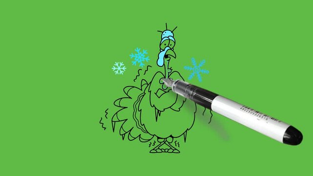 draw cartoon character ostrich sitting with long feathers but can not fly. It is flightless bird. It is only bird of two toes with black outline on abstract green screen background   
