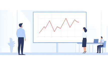 business professional standing confidently in front of presentation screen displaying fluctuating graph, while colleagues observe and engage in discussion. atmosphere conveys sense of teamwork and