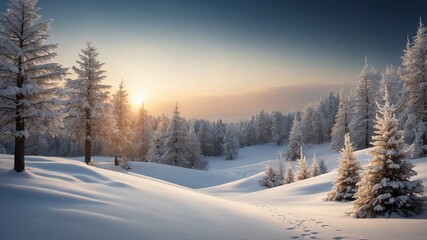 Obraz premium Snow-covered landscape with towering trees and a warm sunset glow in a serene winter scene