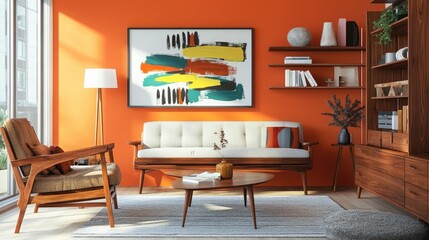 A modern mid-century inspired living room with a mix of vintage wooden furniture