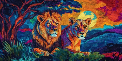 A depiction featuring a lion and a lioness set against a vibrant and colorful backdrop, showcasing the majestic animals in all their glory within a striking environment.