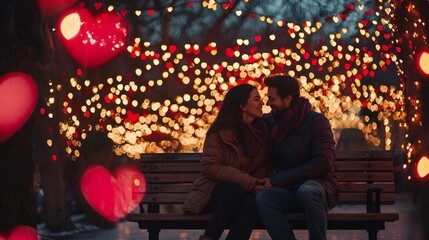 Couple enjoying a quiet moment under string lights, sitting on a bench in a park filled