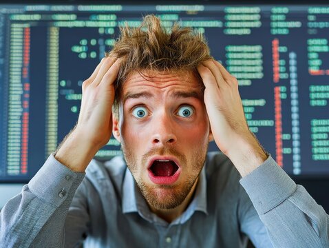 A bored software engineer surrounded by halfwritten code and debugging errors, struggling to find a solution focus on, modern workspace, dynamic, Composite, error log backdrop