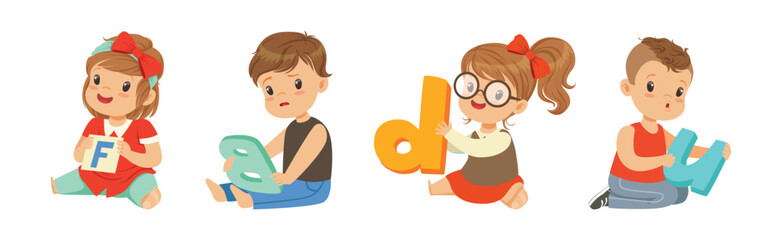 Fototapeta premium Preschool Boy and Girl Sitting on the Floor with Alphabet Letter Vector Set