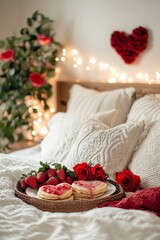 Romantic setup of a breakfast in bed for Valentine's Day, with heart-shaped pancakes, fresh strawberries, and a small bouquet of roses on a tray, cozy and inviting bedroom setting