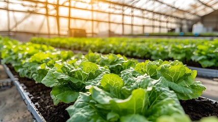 Rows of fresh lettuce growing in a greenhouse.