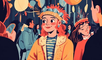 A woman in a festive headdress surrounded by people.