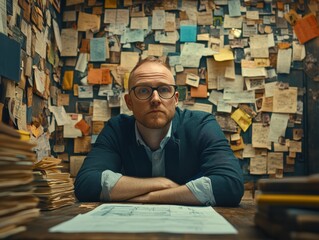 An accountant idly staring at an unfinished tax return, symbolizing boredom and lack of motivation selective focus, corporate setting, whimsical, Manipulation, tax return backdrop