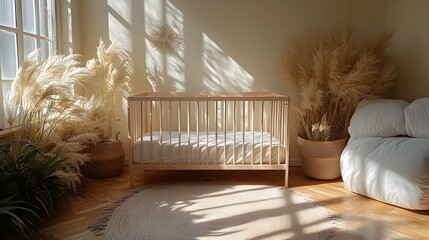 Soft toned and minimalist nursery setting with a simple crib plush bedding and gentle natural lighting creating a peaceful and calming ambiance for a newborn s haven