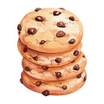 recommend clip art: Delicious chocolate chip. Cookie stack, watercolor bakery illustration, hand-painted dessert clipart, pastry art