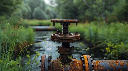 Fototapeta premium A rusty mechanical valve enveloped by dense vegetation in polluted water, highlighting environmental concerns