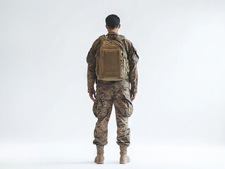 A man in army fatigues, wearing a tactical backpack and standing on a white background, in a full-body shot from the back