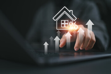 Real estate investment concept. Businesswoman touch virtual house icon for analyzing mortgage loan...